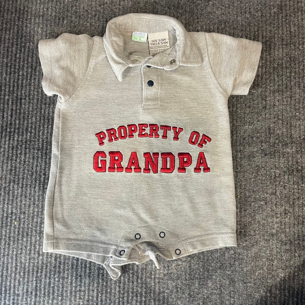 VTG Simply Basic Polo Romper Baby 3/6M Gray Property of Grandpa‎ Short Sleeve